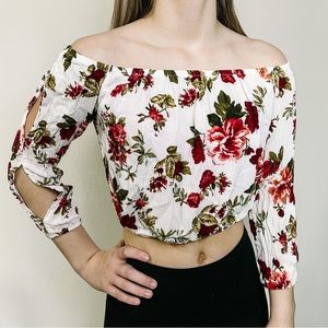 Ambiance womens small white floral off shoulder crop top